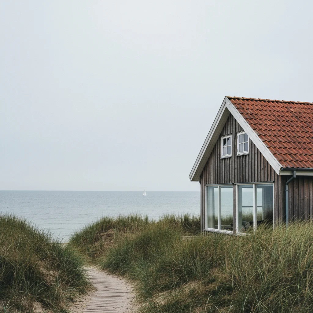 Ferienhaus an der dänischen Ostseeküste mit Blick auf ruhiges Wasser