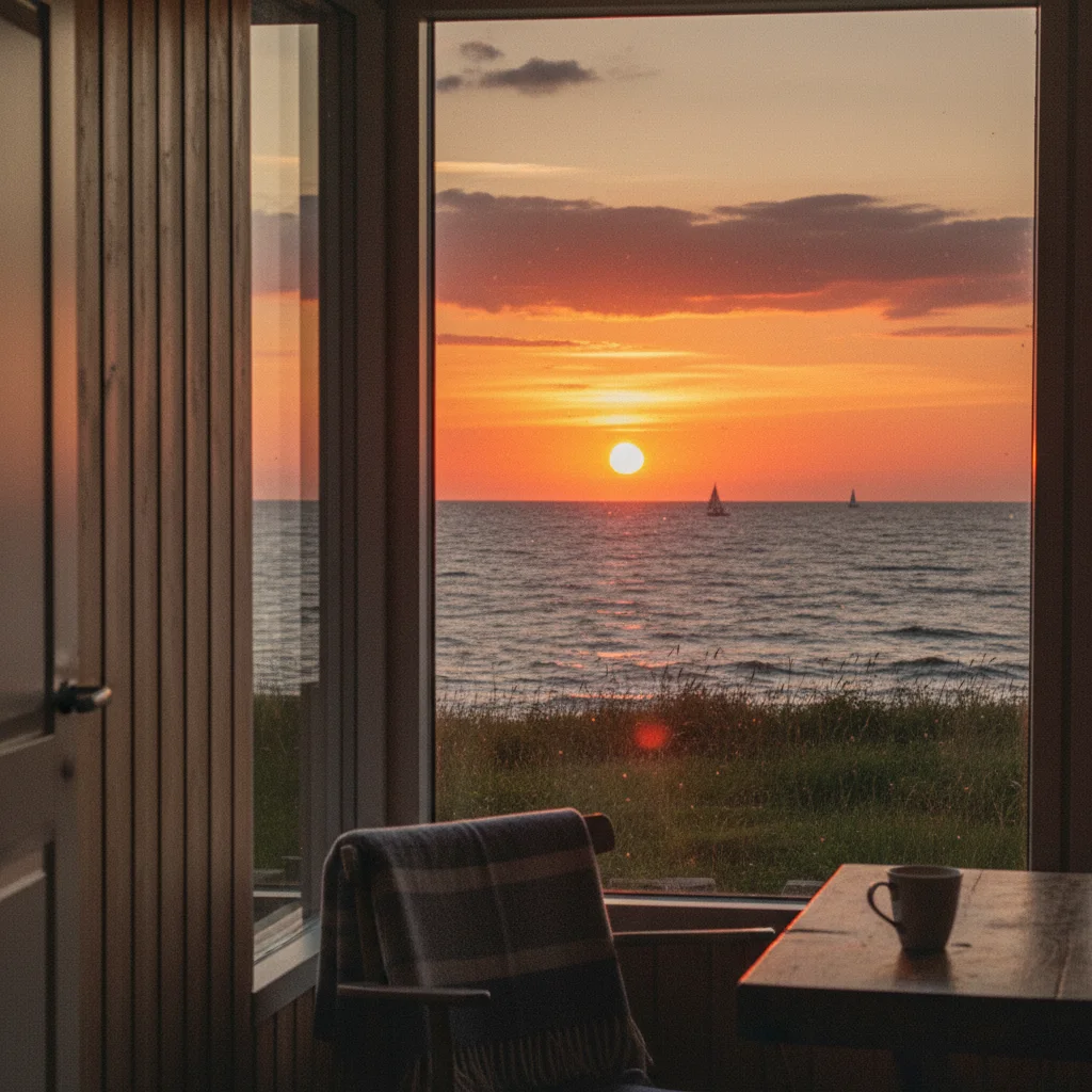 Sonnenuntergang über dem Meer gesehen von einem dänischen Ferienhaus
