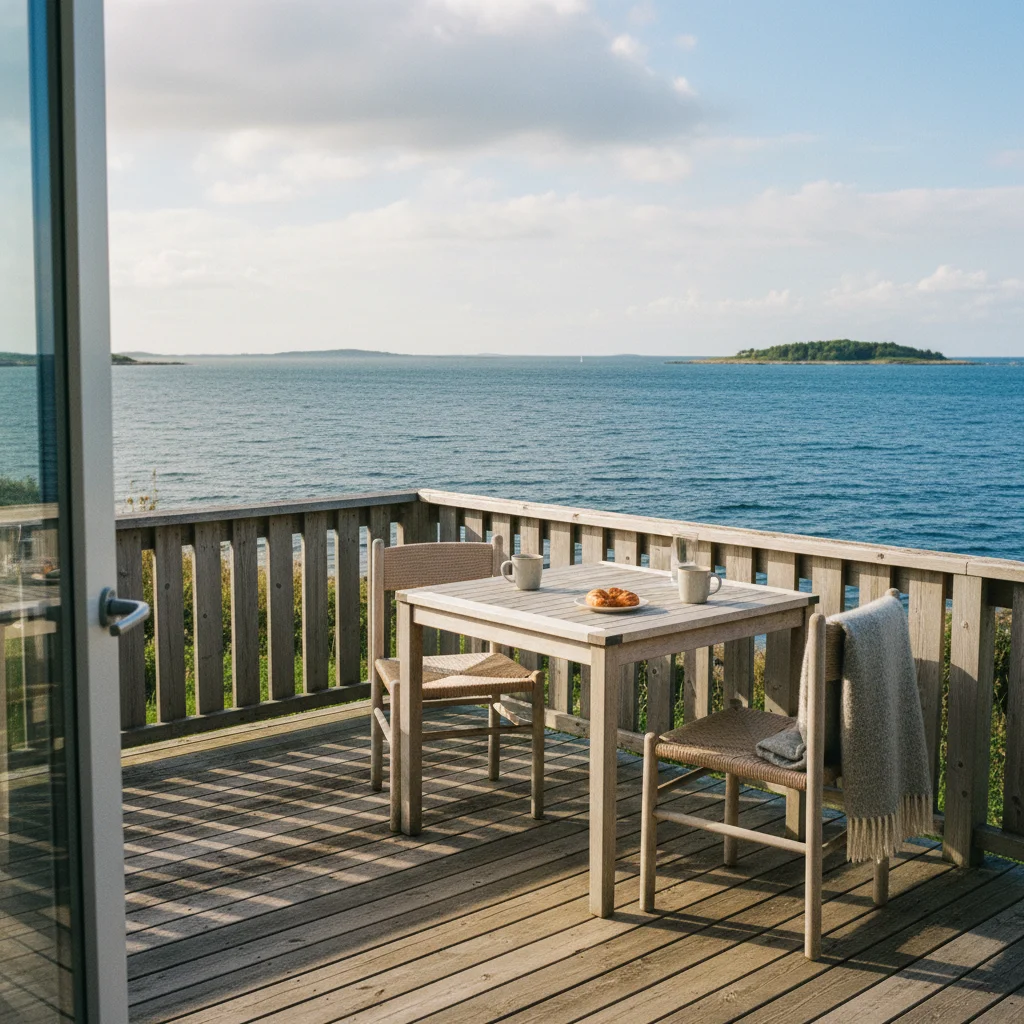 Terrasse eines dänischen Ferienhauses mit direktem Blick auf das Meer