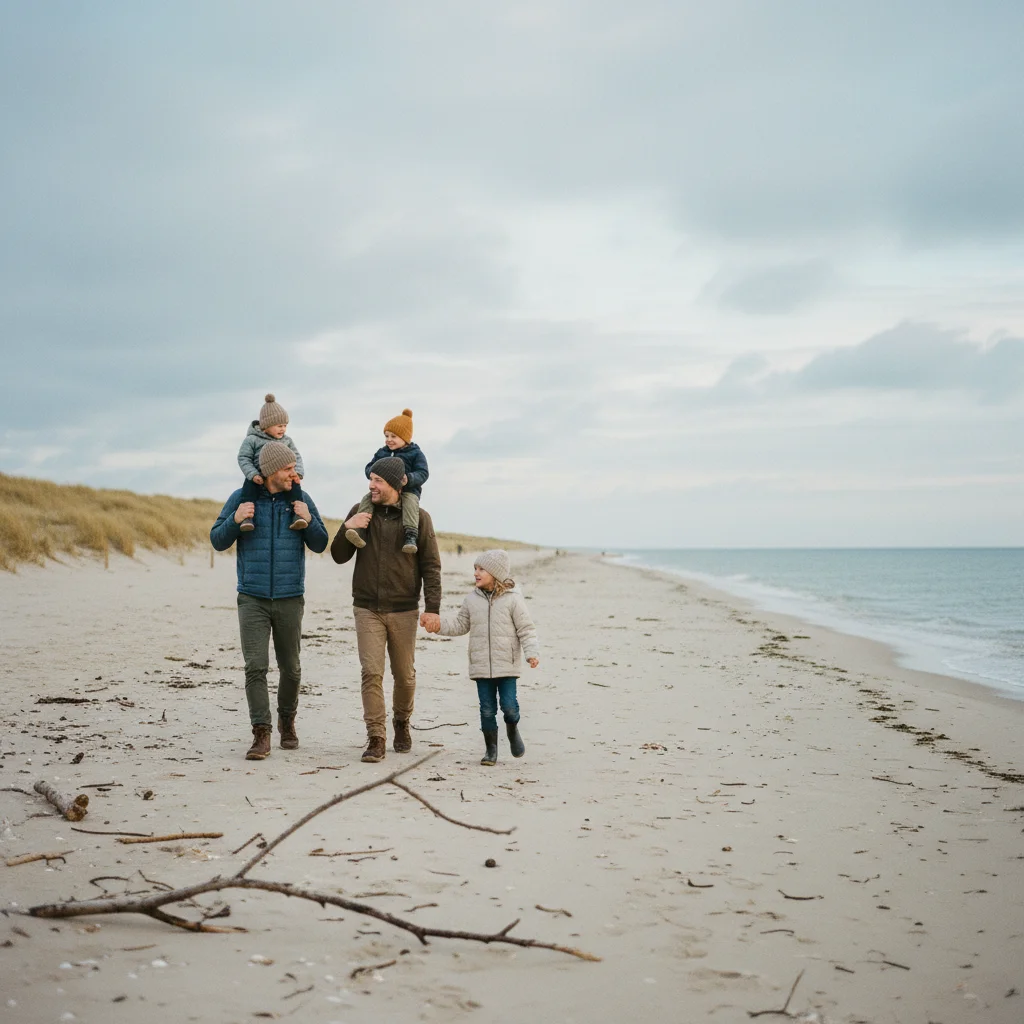 Familie beim Spaziergang am dänischen Strand zu Ostern