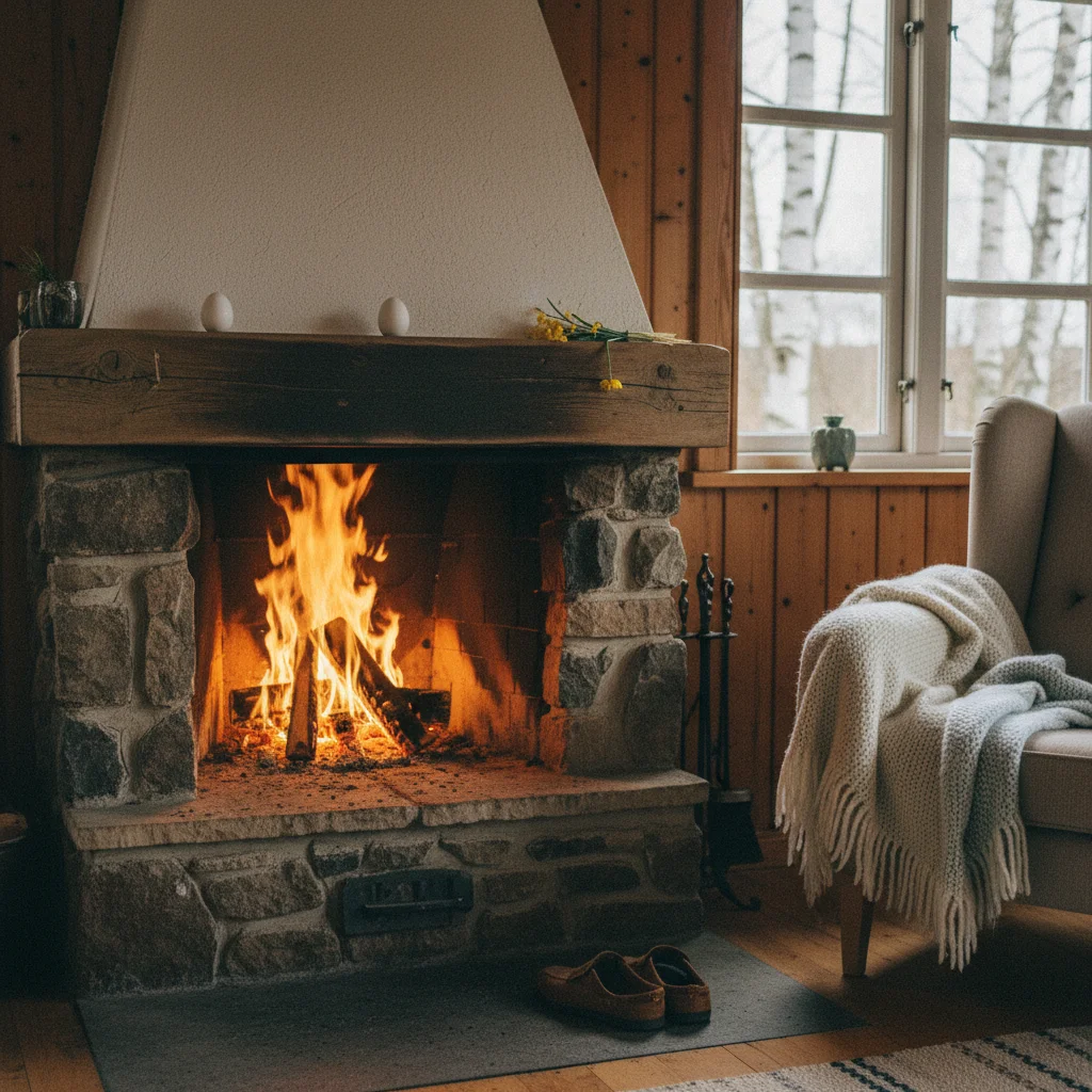 Gemütlicher Kamin in einem dänischen Ferienhaus zu Ostern