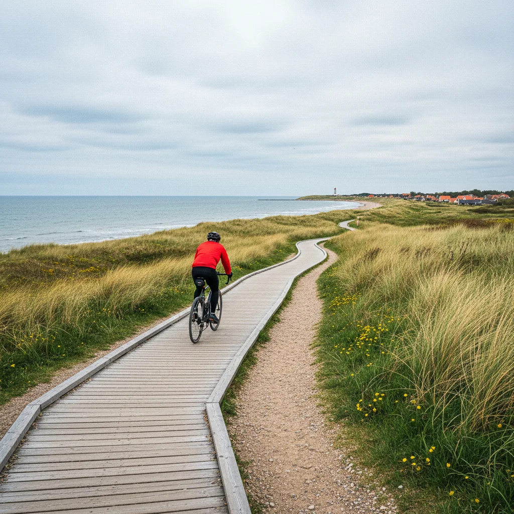 Radfahrer auf einem Küstenweg in Dänemark im Frühling