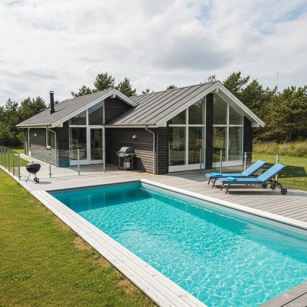 Dänisches Ferienhaus mit Poolbereich von außen gesehen