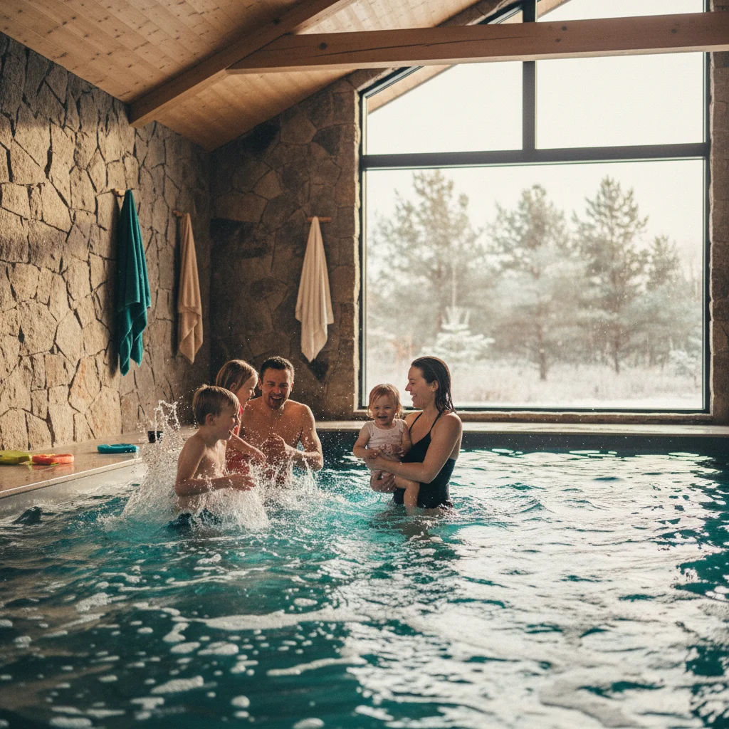 Familie im Innenpool eines dänischen Ferienhauses