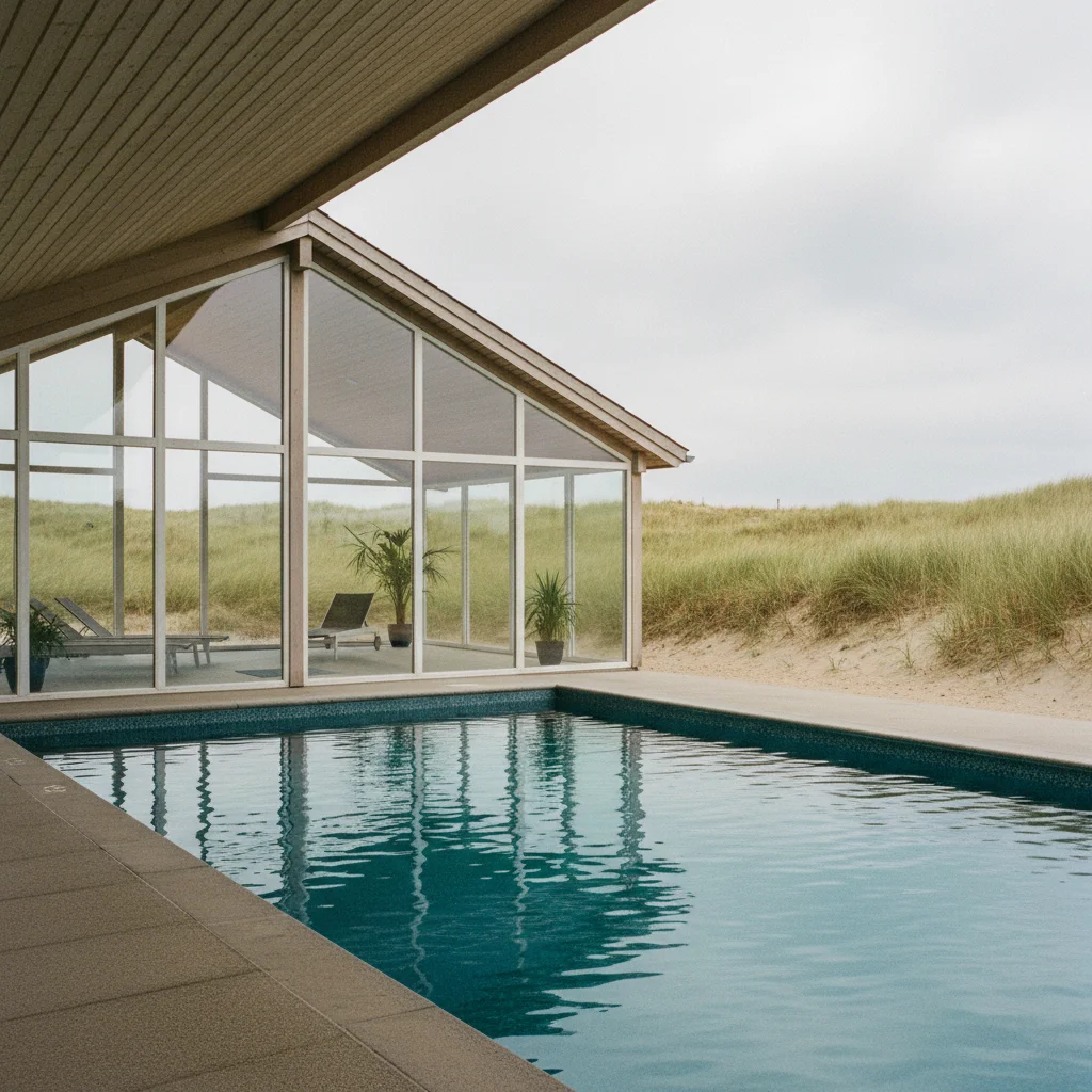 Innenpool in einem dänischen Ferienhaus mit Glasfront und Blick auf die Dünenlandschaft