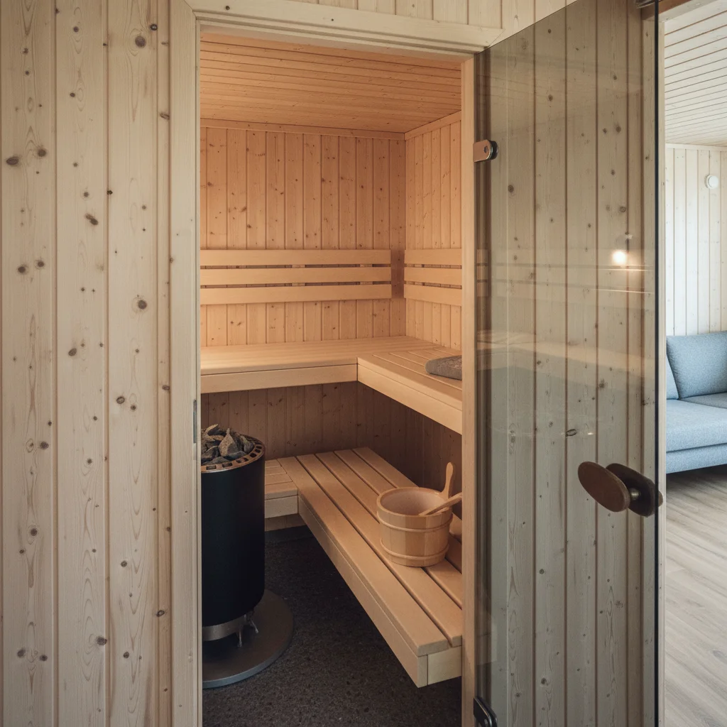 Finnische Sauna im Inneren eines dänischen Ferienhauses mit Holzverkleidung