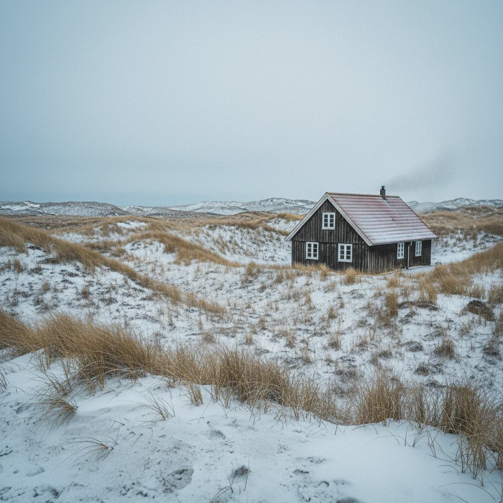 Winterliche Dünenlandschaft vor einem dänischen Ferienhaus