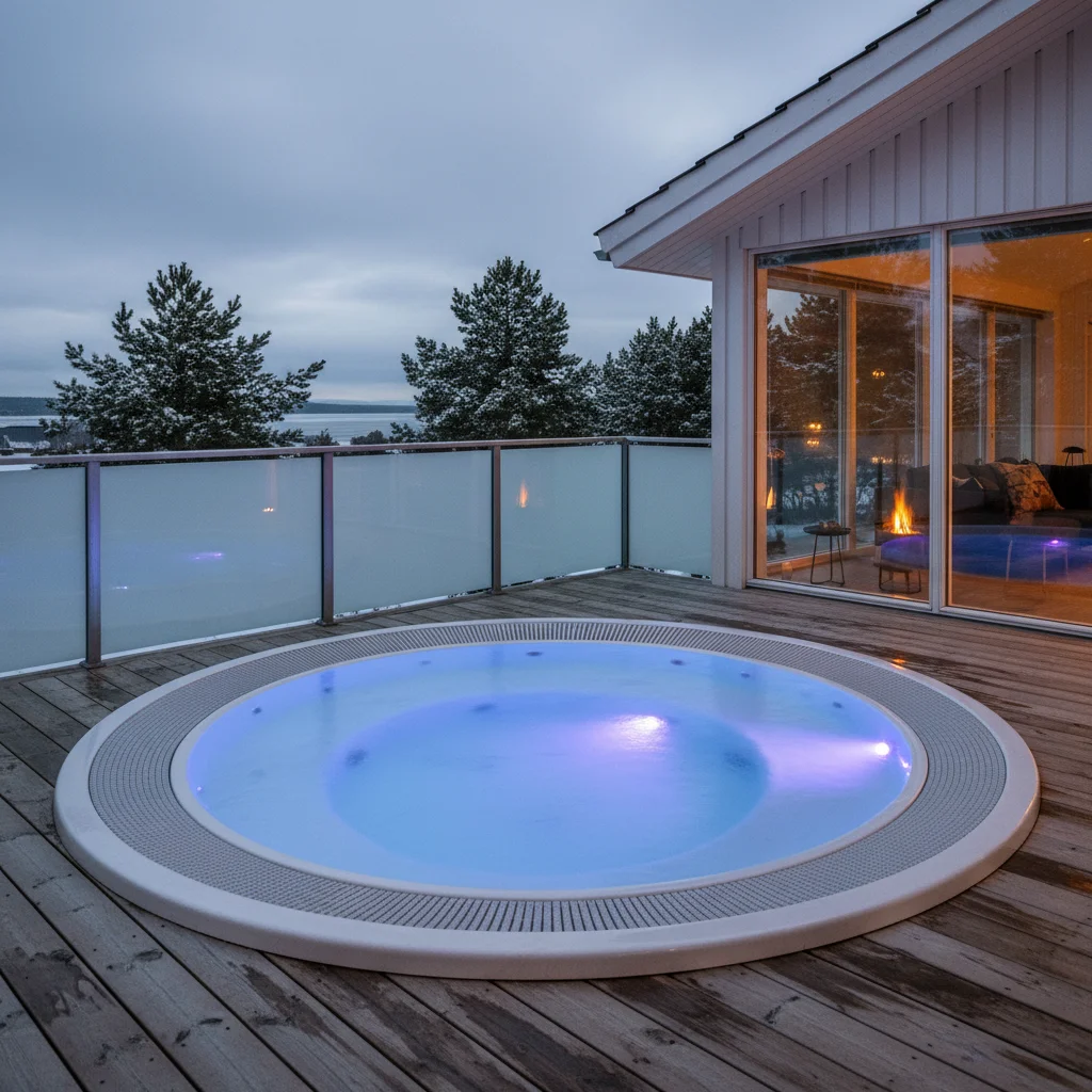 Beleuchteter Whirlpool in einem dänischen Ferienhaus am Abend