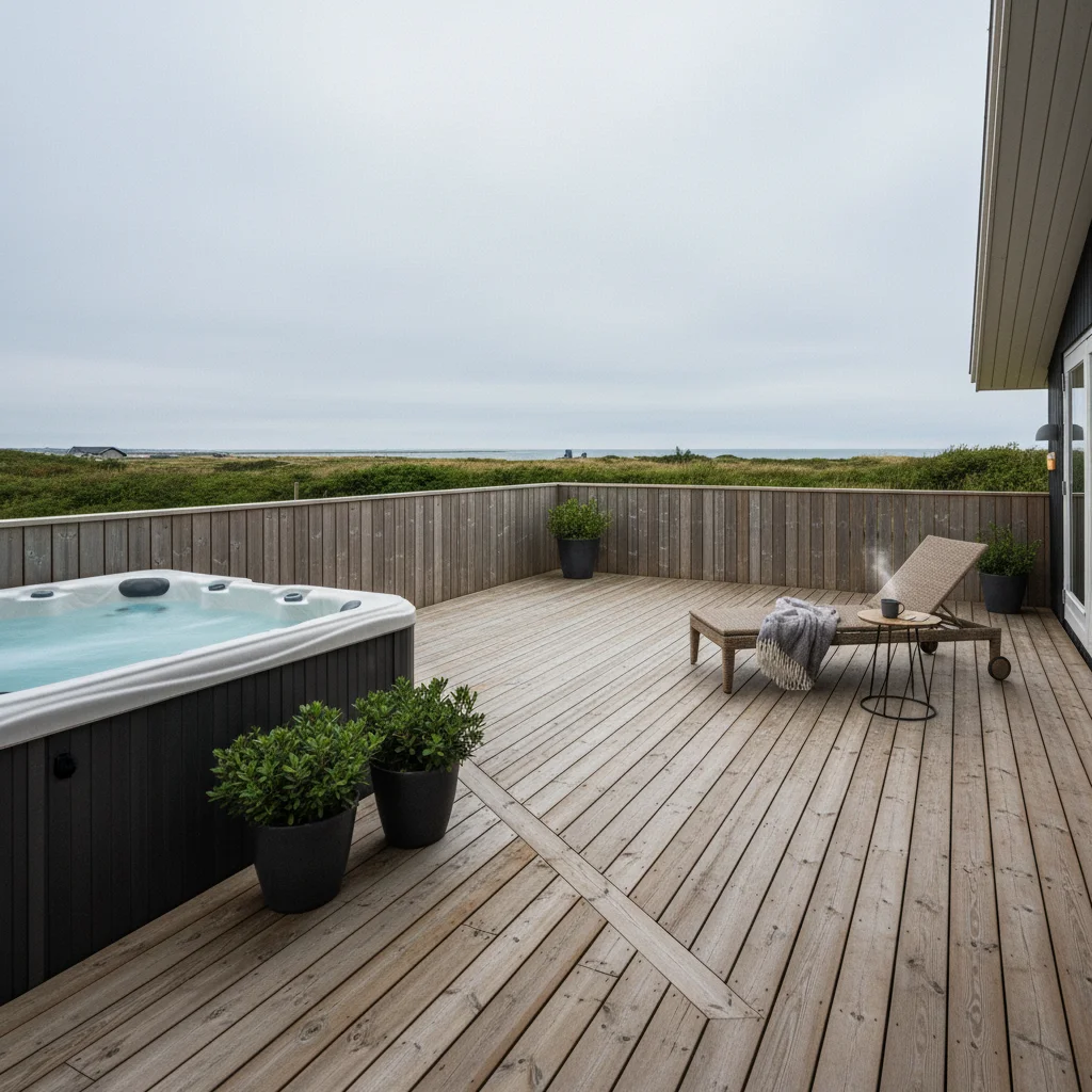 Außenwhirlpool auf der Holzterrasse eines dänischen Ferienhauses