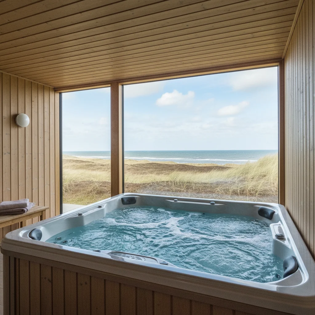 Innenwhirlpool in einem dänischen Ferienhaus mit Blick durch Glasfront