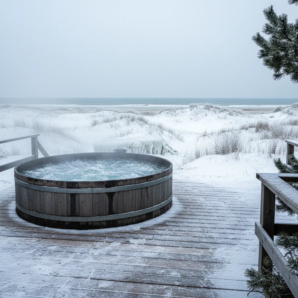 Whirlpool auf der Ferienhaus-Terrasse mit Blick auf winterliche Dünenlandschaft