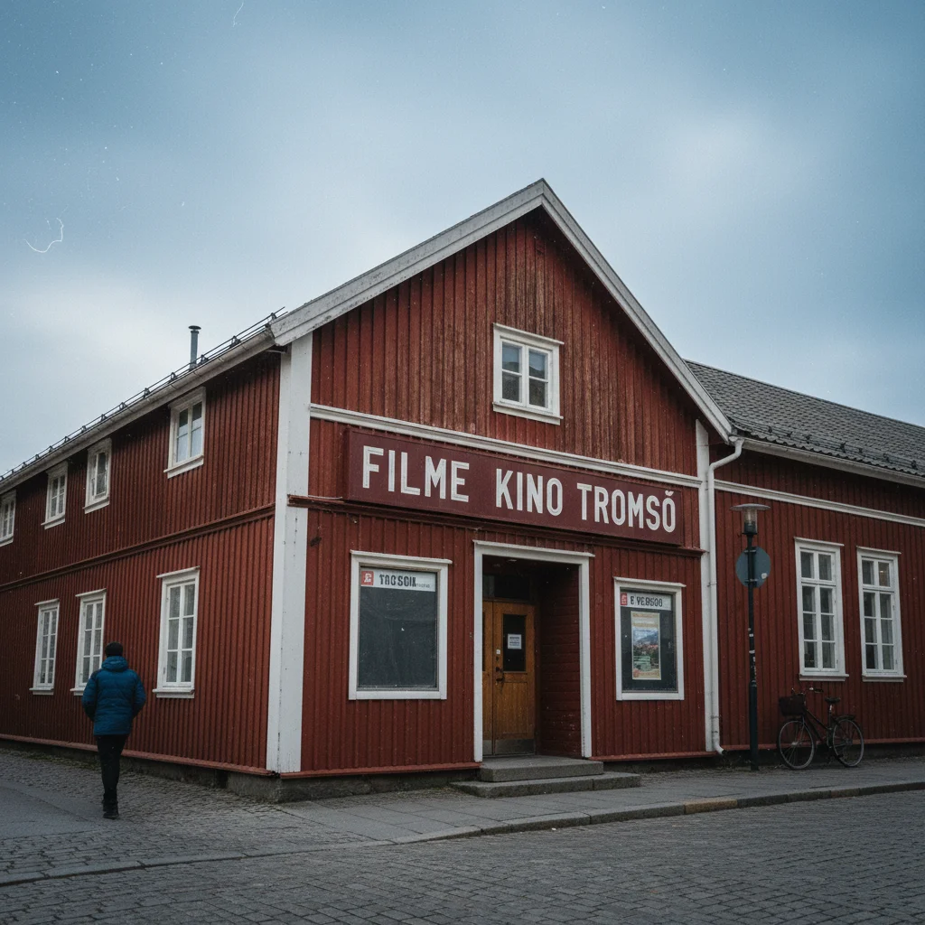 Historisches Kino in Tromsø mit norwegischer Filmplakat-Auslage
