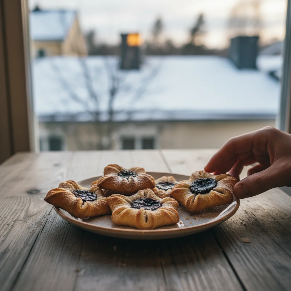 Finnische Joulutorttu: sternförmige Blätterteig-Plätzchen mit Pflaumenmus