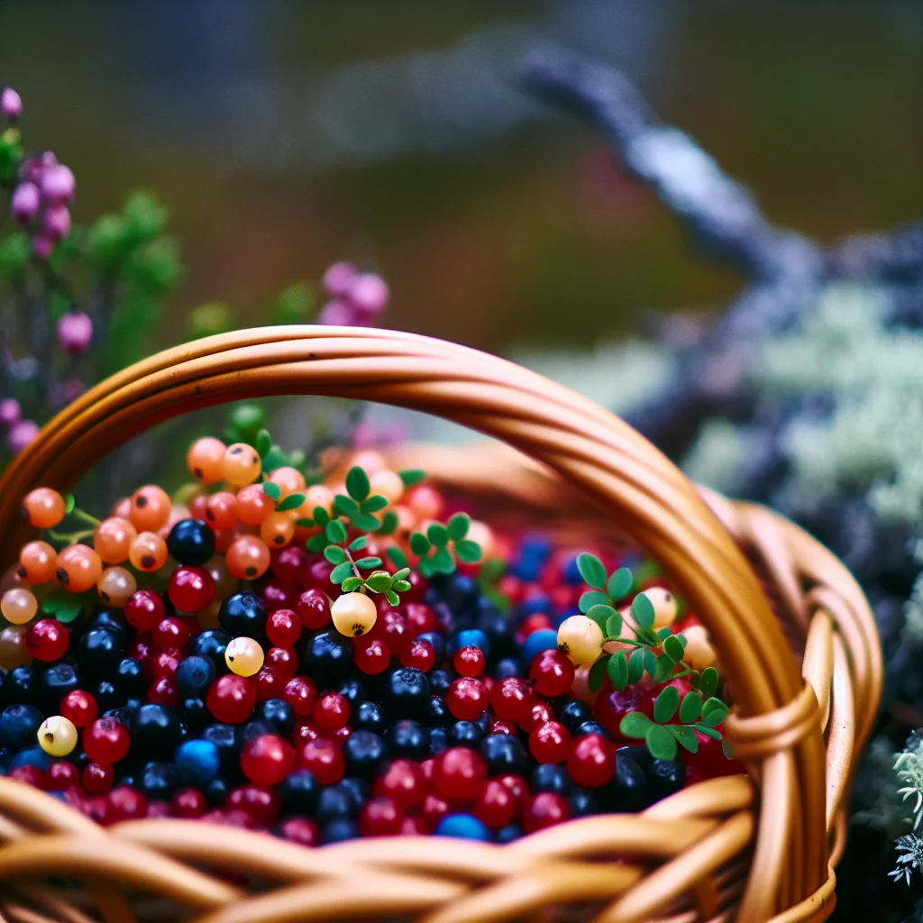 Frisch gesammelte Beeren in einem Korb im finnischen Wald