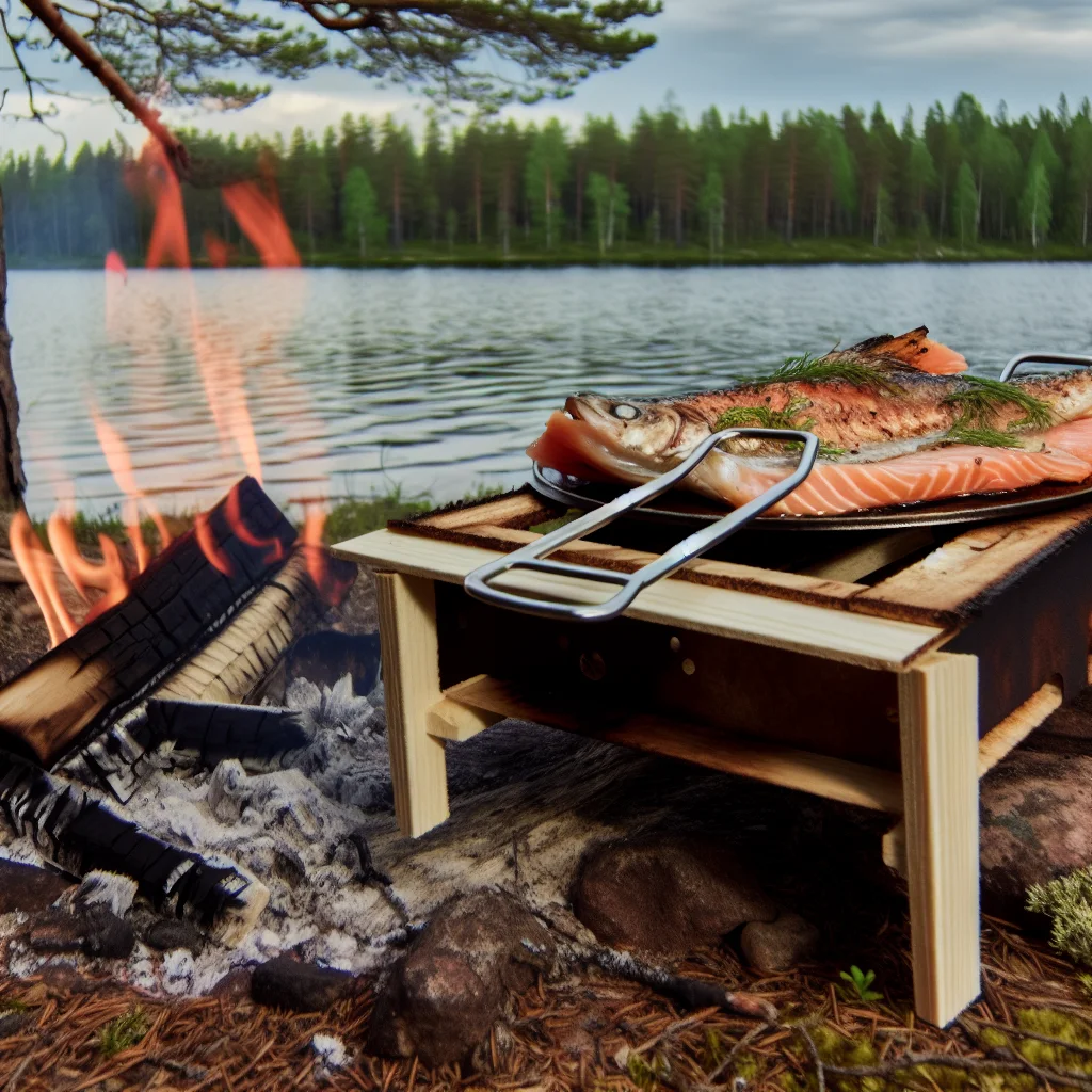 Loimulohi: Lachs wird am Lagerfeuer auf einem Holzbrett geräuchert