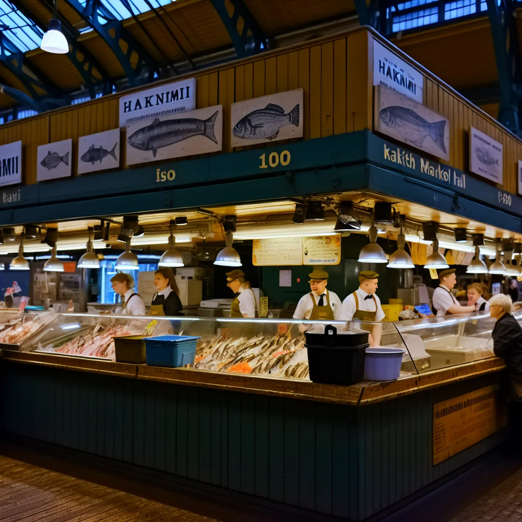 Hakaniemi Markthalle in Helsinki mit Fisch- und Lebensmittelständen