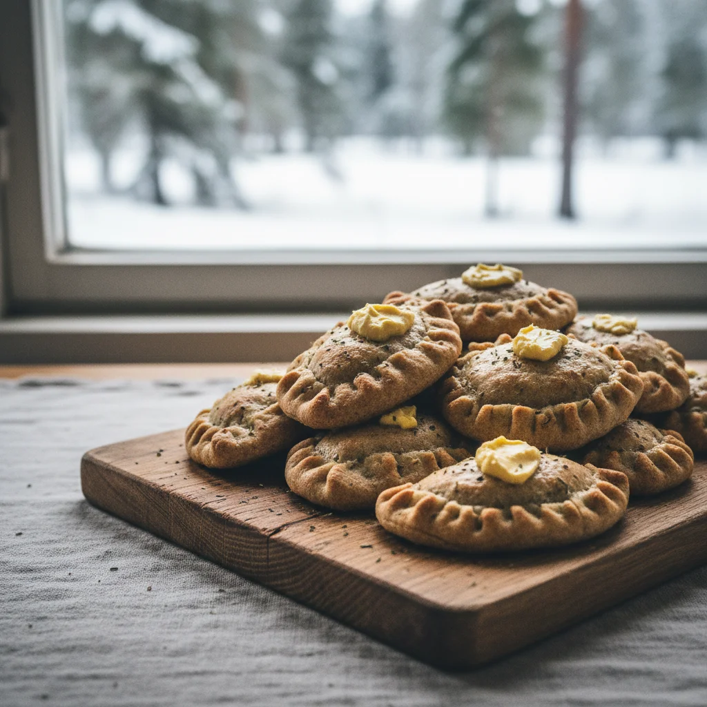Karelische Piroggen auf einem Holzbrett mit Eibutter