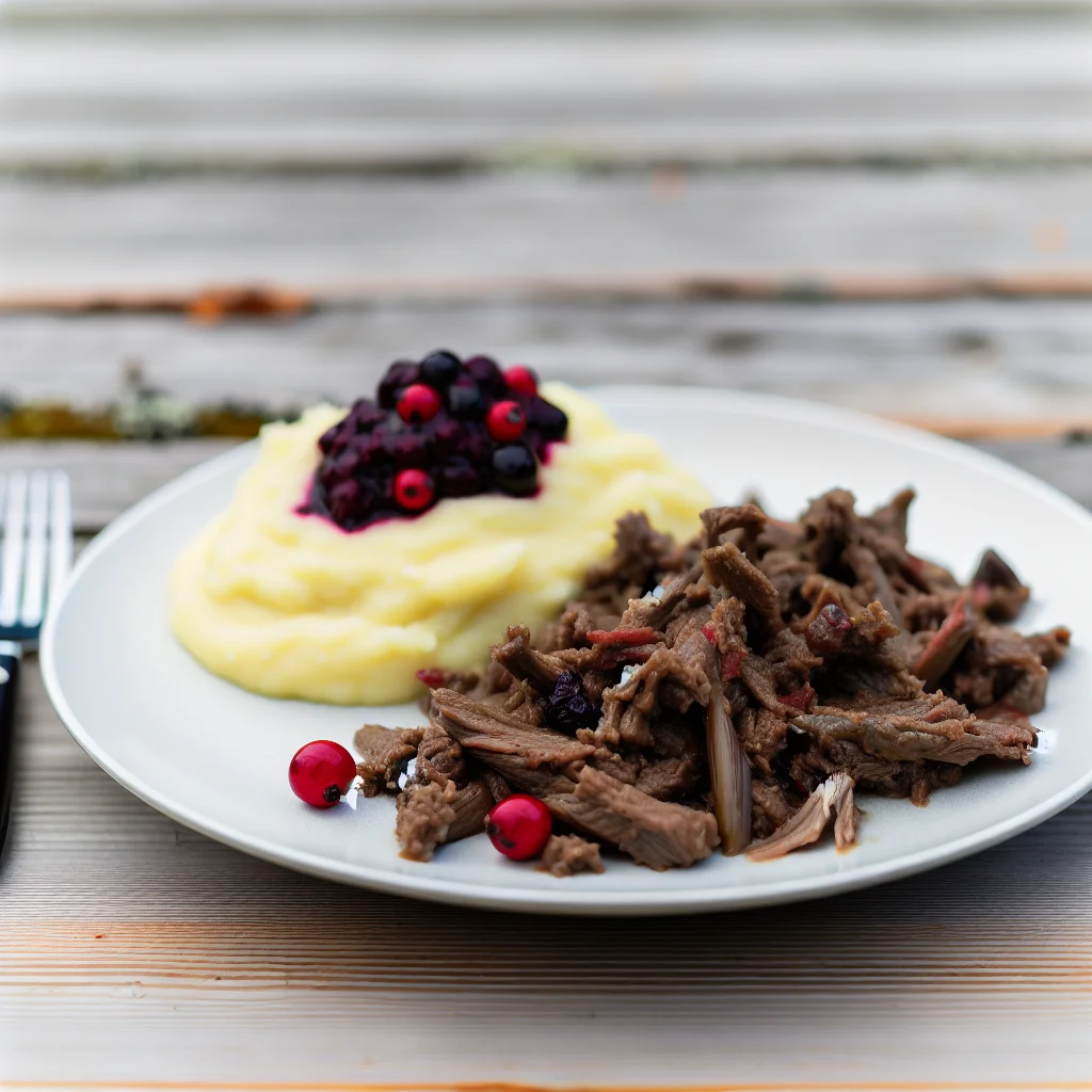 Poronkäristys: Geschnetzeltes Rentierfleisch mit Kartoffelpüree und Preiselbeeren