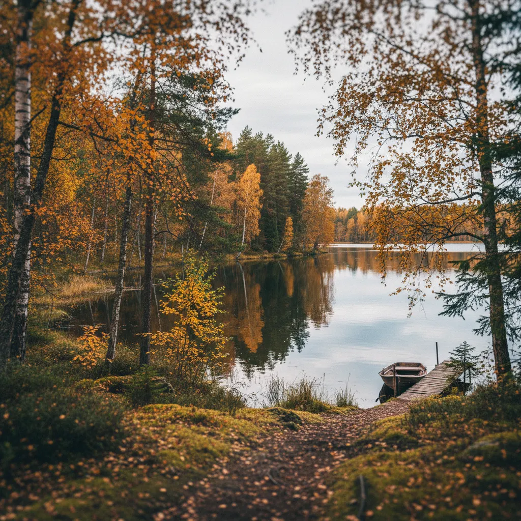 Herbstliche Waldlandschaft an einem See in einem finnischen Nationalpark