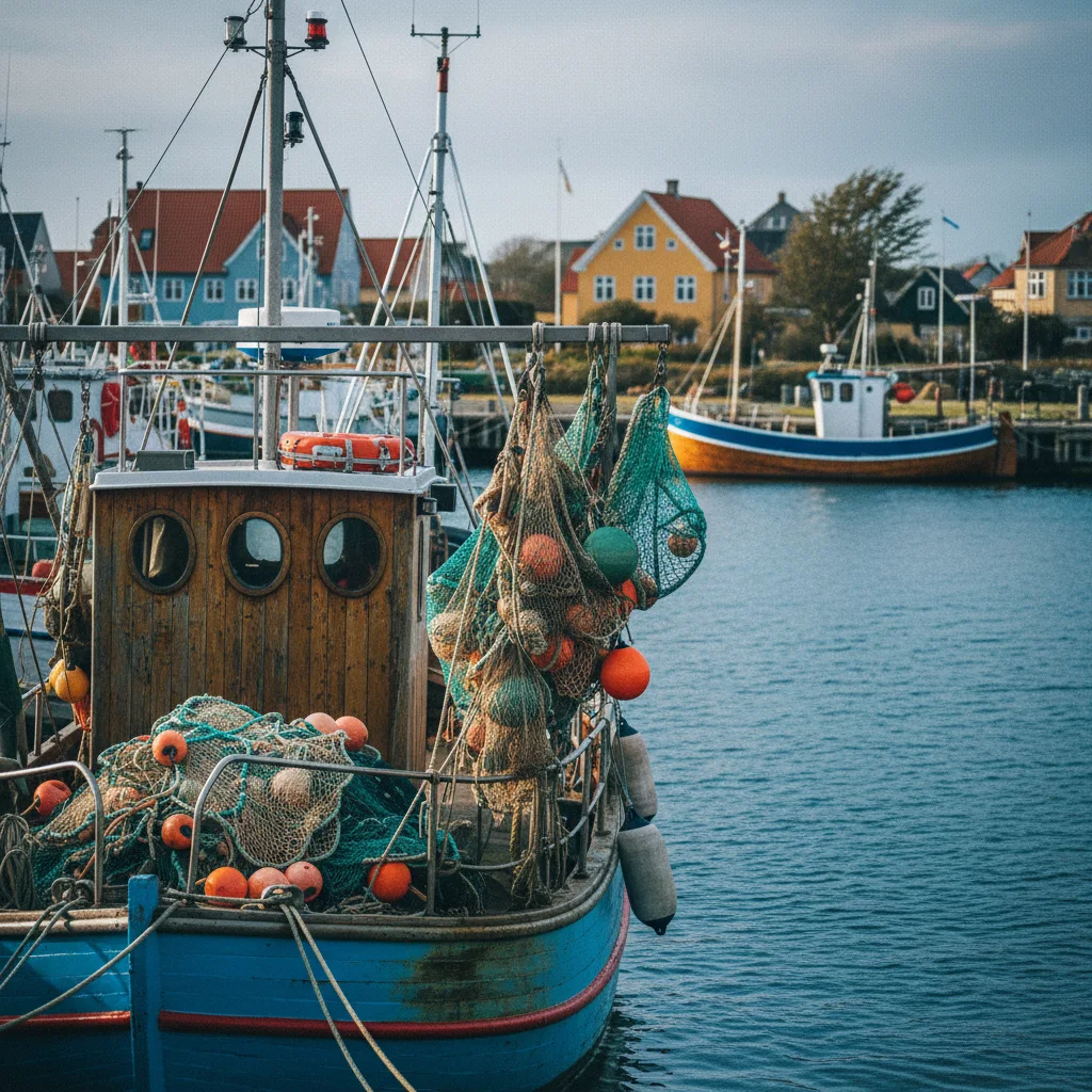 Dänischer Fischereihafen mit Kuttern und Netzen