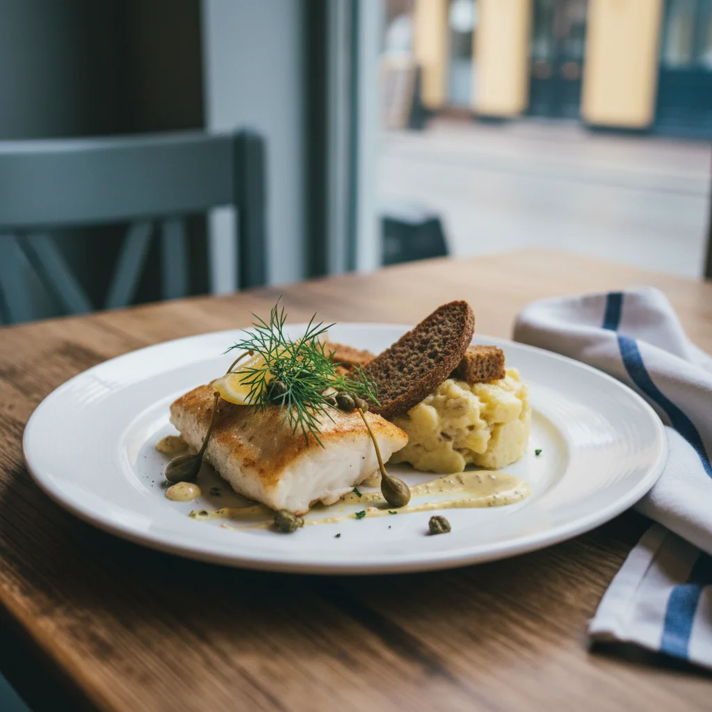 Dänisches Fischgericht auf einem Restaurant-Teller