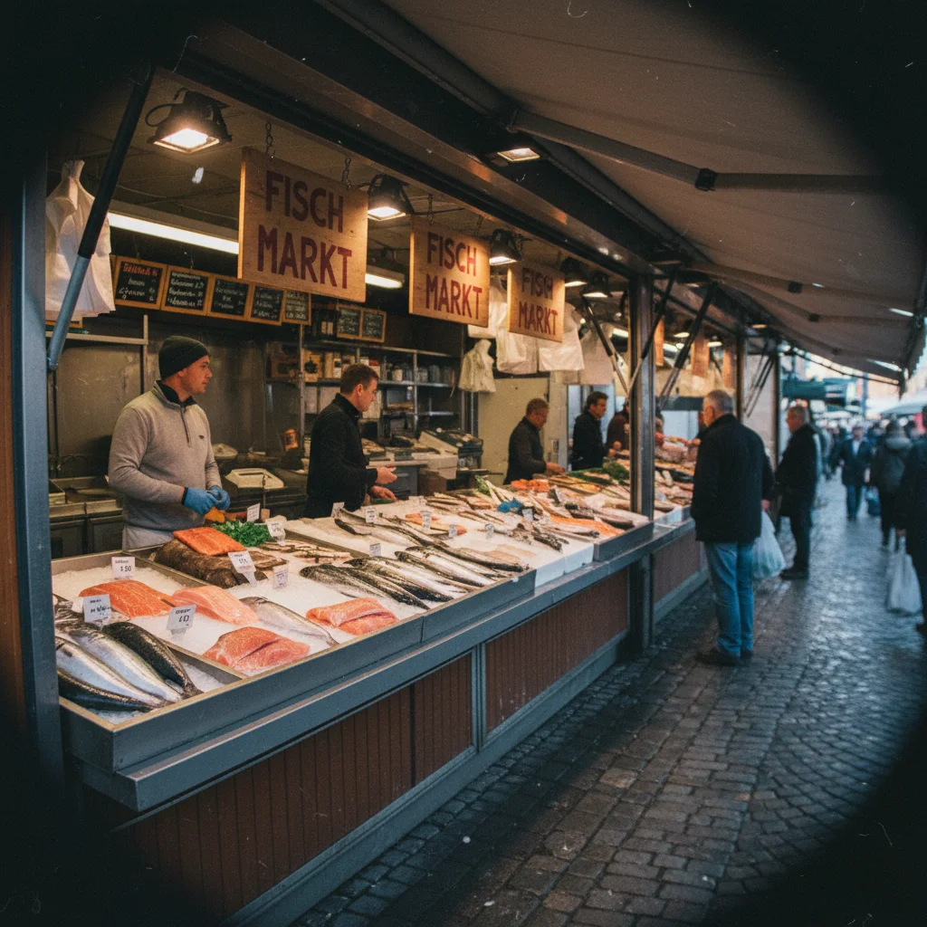 Fischstand auf einem finnischen Markt mit frischem Lachs und Räucherfisch