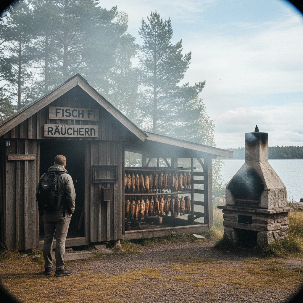 Traditionelles Räuchern von Fisch in einer finnischen Räucherhütte