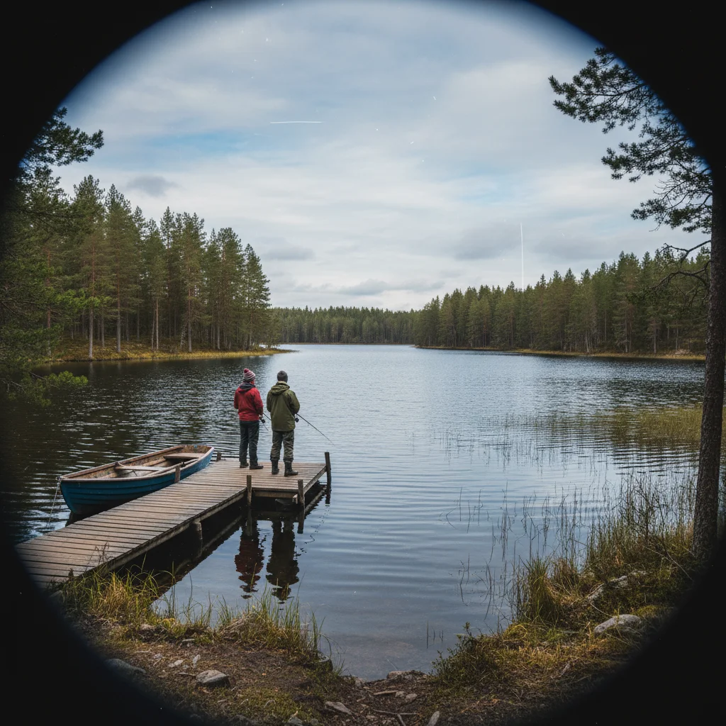 Angler am finnischen See bei Sonnenaufgang mit Angelrute
