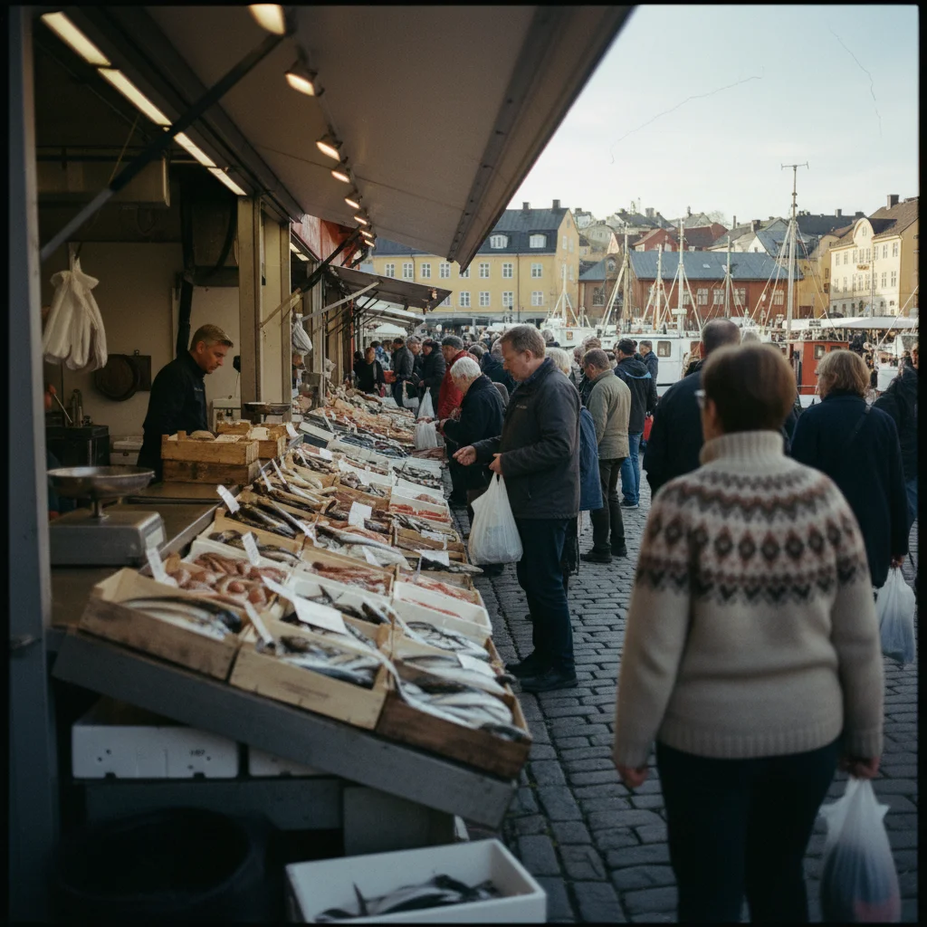 Teller mit Fischsuppe und Königskrabbenbeinen am Fischmarkt Bergen