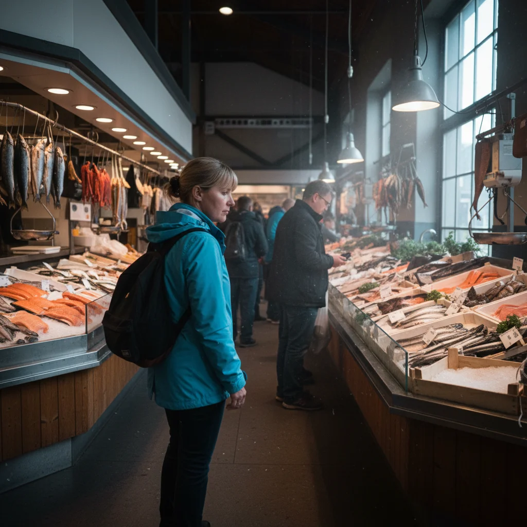 Innenansicht der Indoor-Markthalle am Fischmarkt Bergen mit Fischtheken und Restaurants