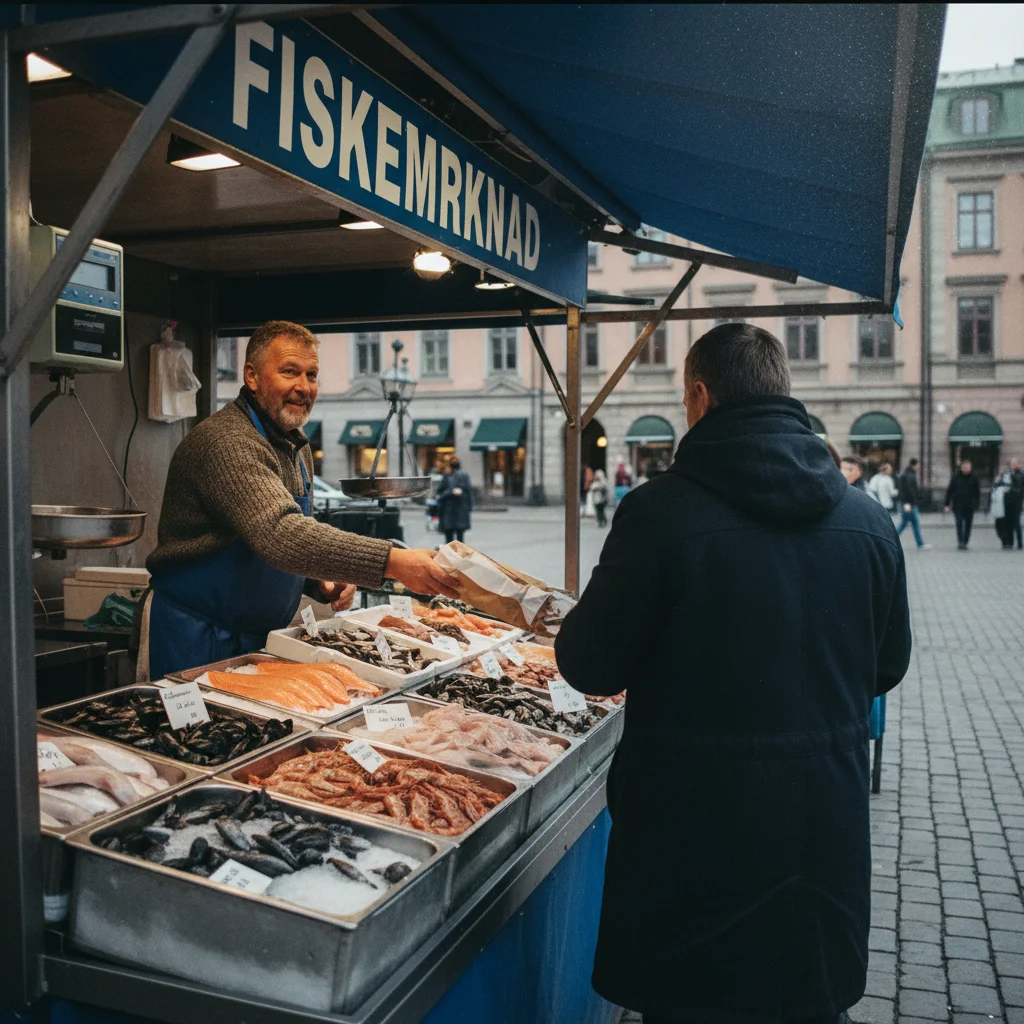 Fischstand auf dem Bergener Fischmarkt mit frischem Lachs, Krabben und Garnelen