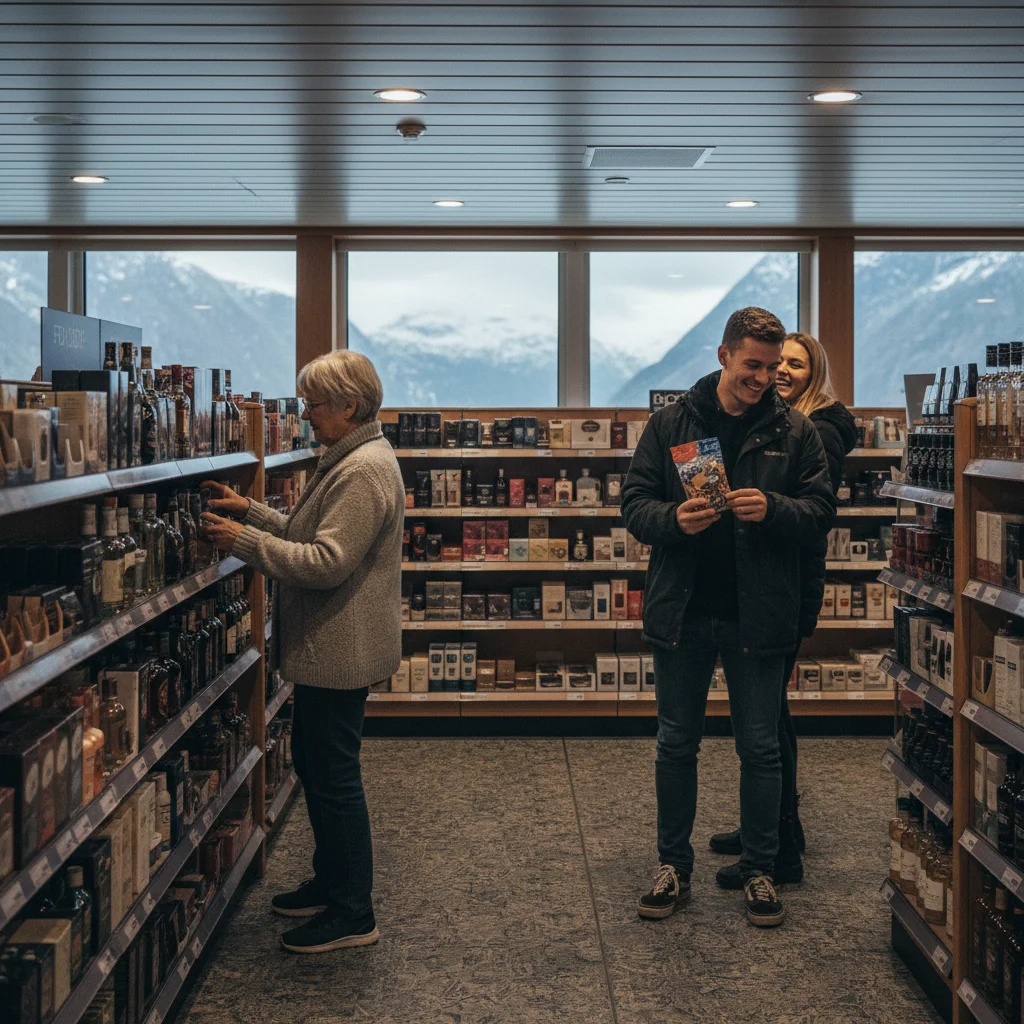 Passagiere im Duty-Free-Shop an Bord einer Fjord Line Fähre