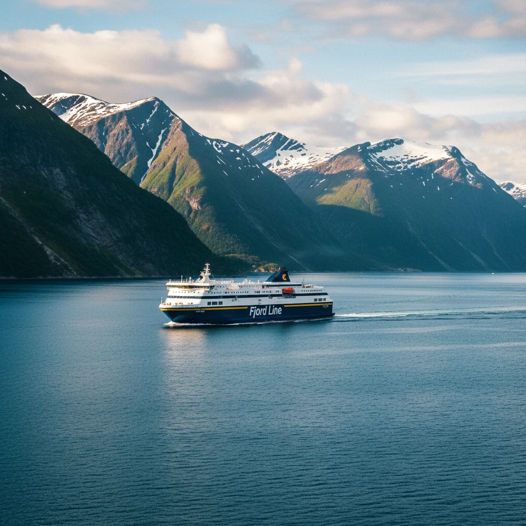 Fjord Line Fähre vor der norwegischen Küste mit Fjorden und Bergen im Hintergrund