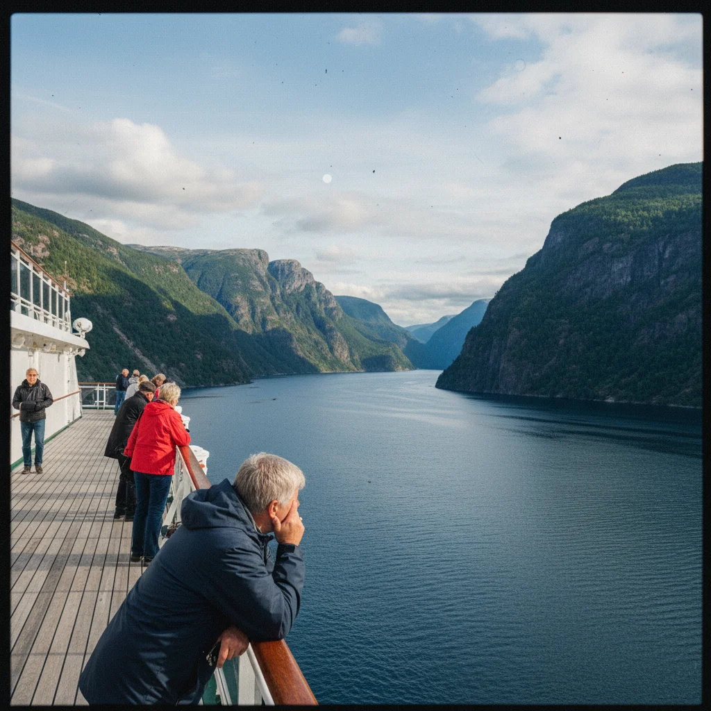 Passagiere an Deck eines Fjordbootes geniessen die Aussicht auf die Berge
