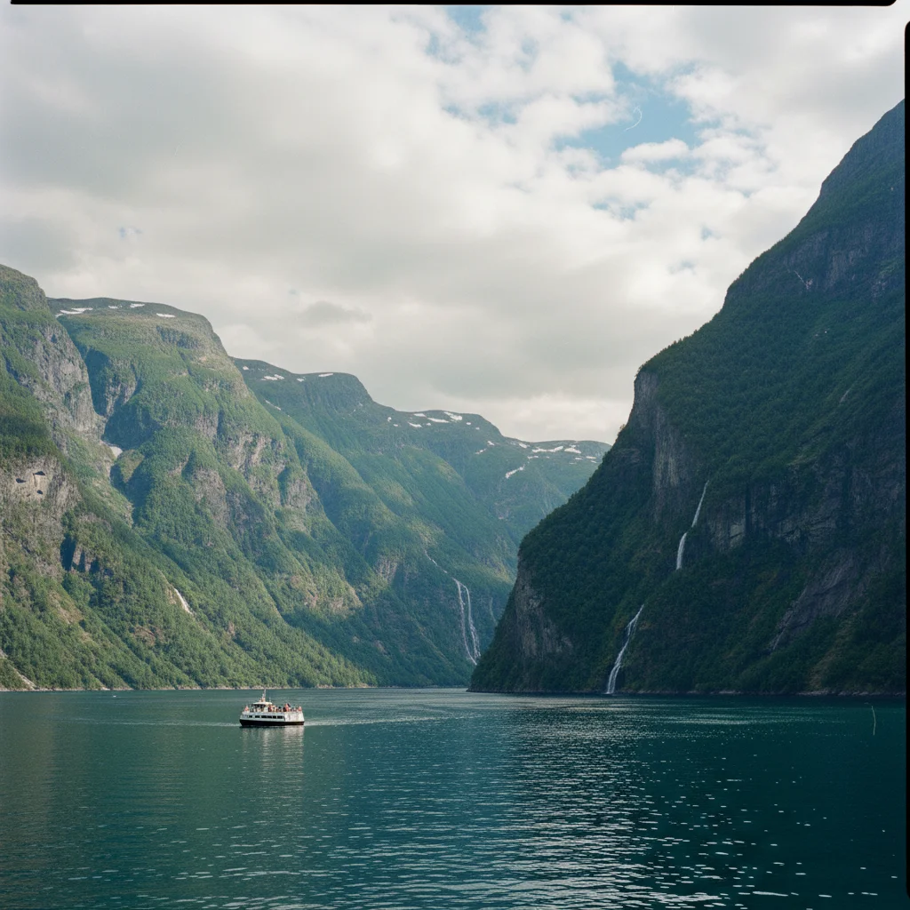 Ausflugsboot auf dem Geirangerfjord mit steilen Bergen im Hintergrund