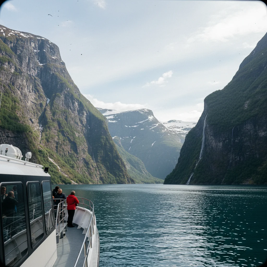 Boot auf dem schmalen Naeroyfjord zwischen steilen Bergwaenden