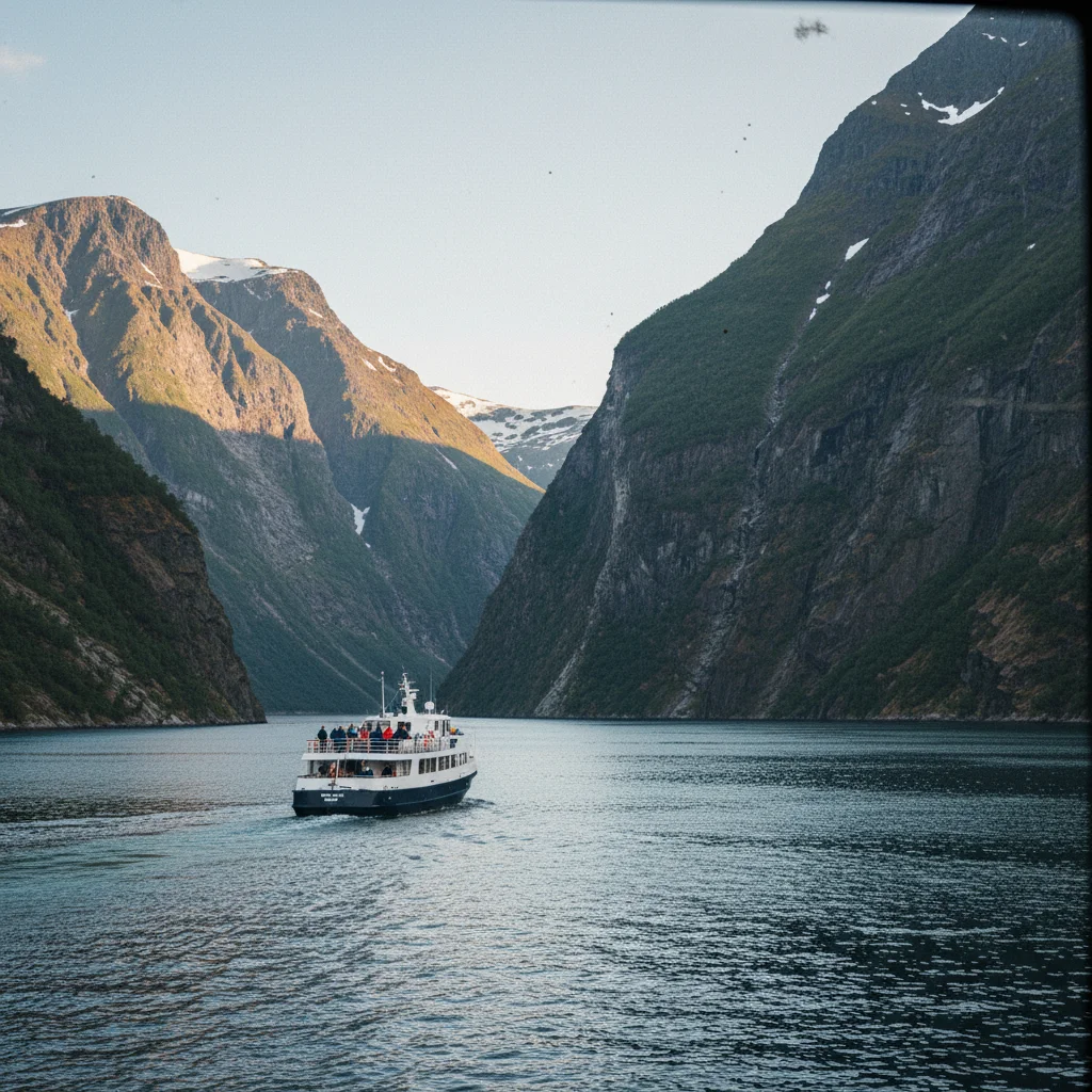 Boot im engen Trollfjord mit steil aufragenden Felswaenden