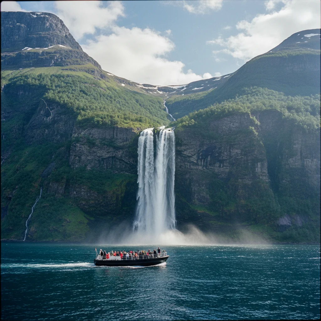Wasserfall stuerzt direkt neben einem Fjordboot in den Fjord