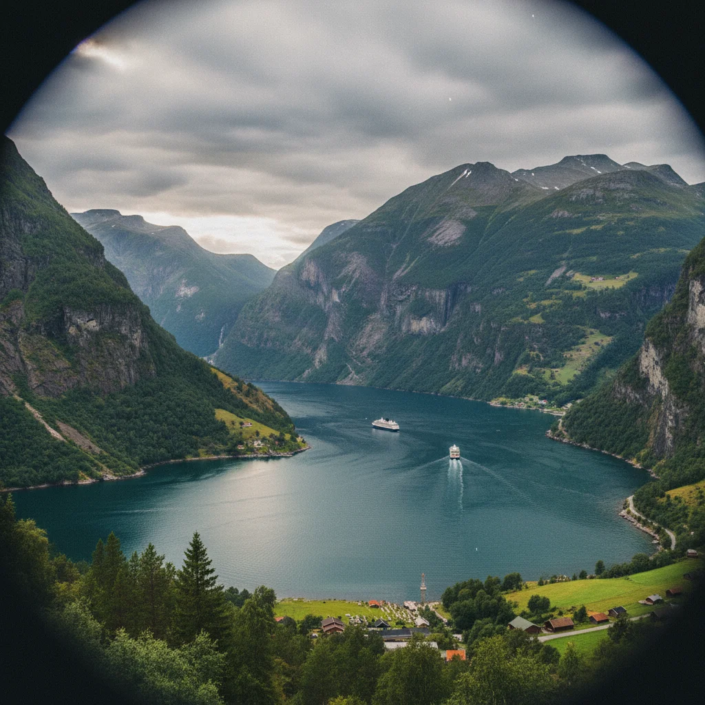Der Geirangerfjord mit Kreuzfahrtschiff und dem Wasserfall Sieben Schwestern