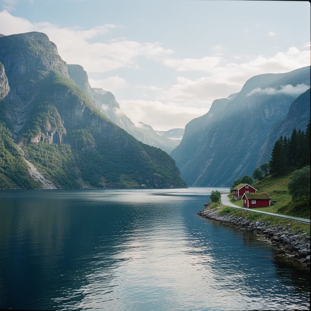 Hardangerfjord mit blühenden Obstbäumen am Ufer und schneebedeckten Bergen