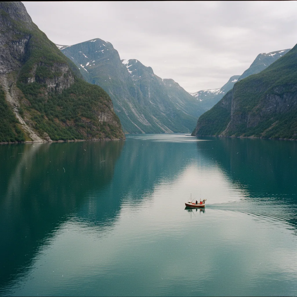 Der schmale Naerøyfjord mit steilen Felswänden und kleinem Schiff