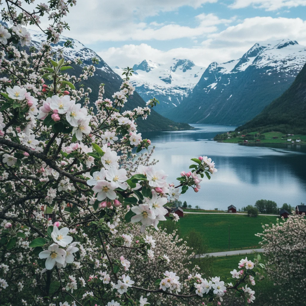 Obstblüte am Hardangerfjord mit schneebedeckten Bergen im Hintergrund