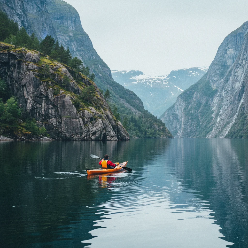 Kajakfahrer auf einem ruhigen norwegischen Fjord mit steilen Felswänden