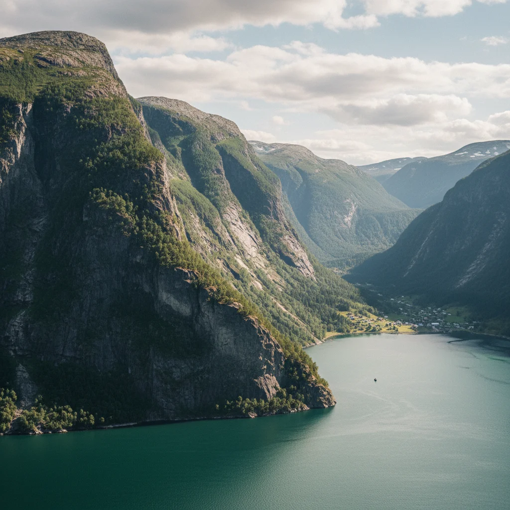 Dramatischer Blick auf einen tiefen norwegischen Fjord mit steilen Felswänden