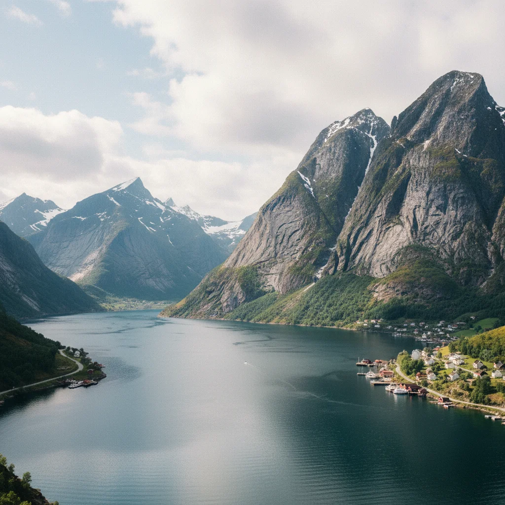 Blick über den Sognefjord mit Bergen und kleinen Orten am Ufer