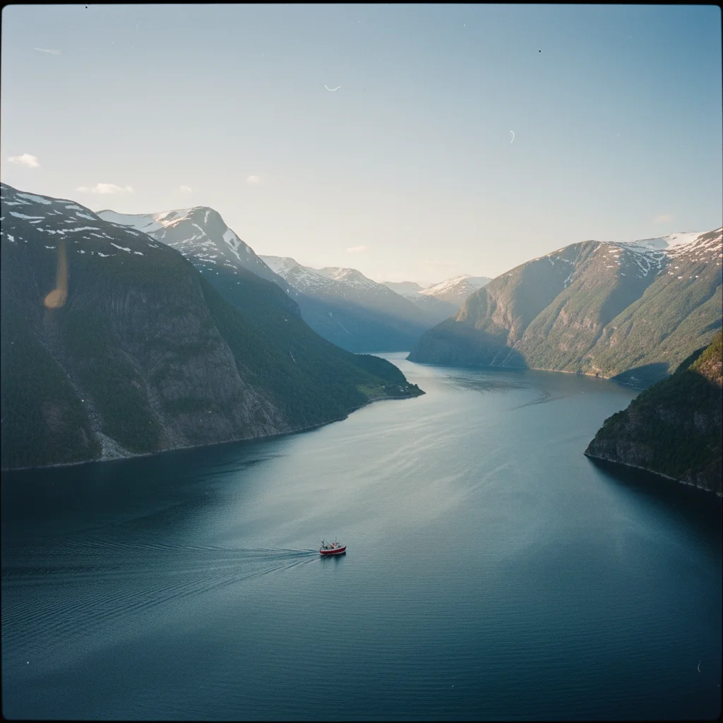 Der Sognefjord mit tiefblauem Wasser und grünen Bergen an beiden Seiten