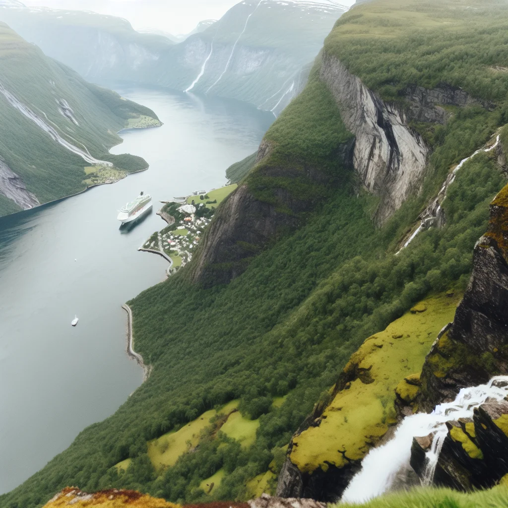 Panoramablick auf den Geirangerfjord mit Wasserfällen und steilen Felswänden