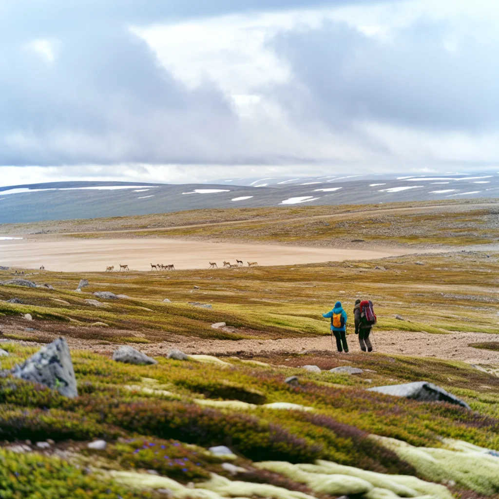 Wanderer auf der weiten Hardangervidda Hochebene mit Gletscherseen