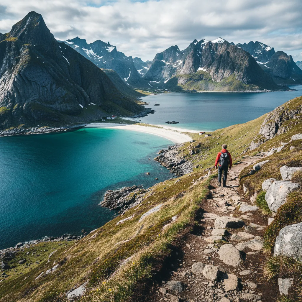 Küstenwanderung auf den Lofoten mit Blick auf türkisfarbene Buchten und schroffe Berge
