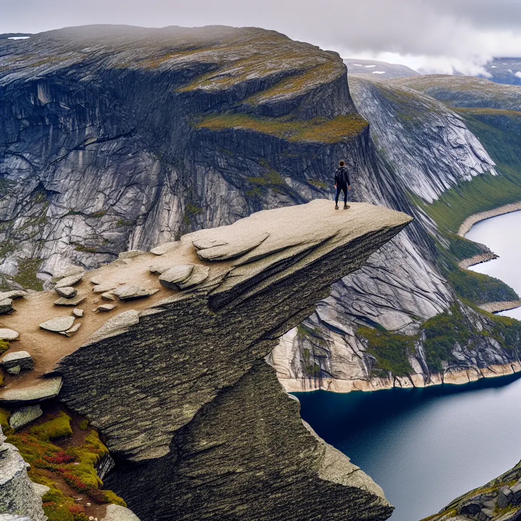 Wanderer steht auf der Trolltunga Felszunge über dem Ringedalsvatnet